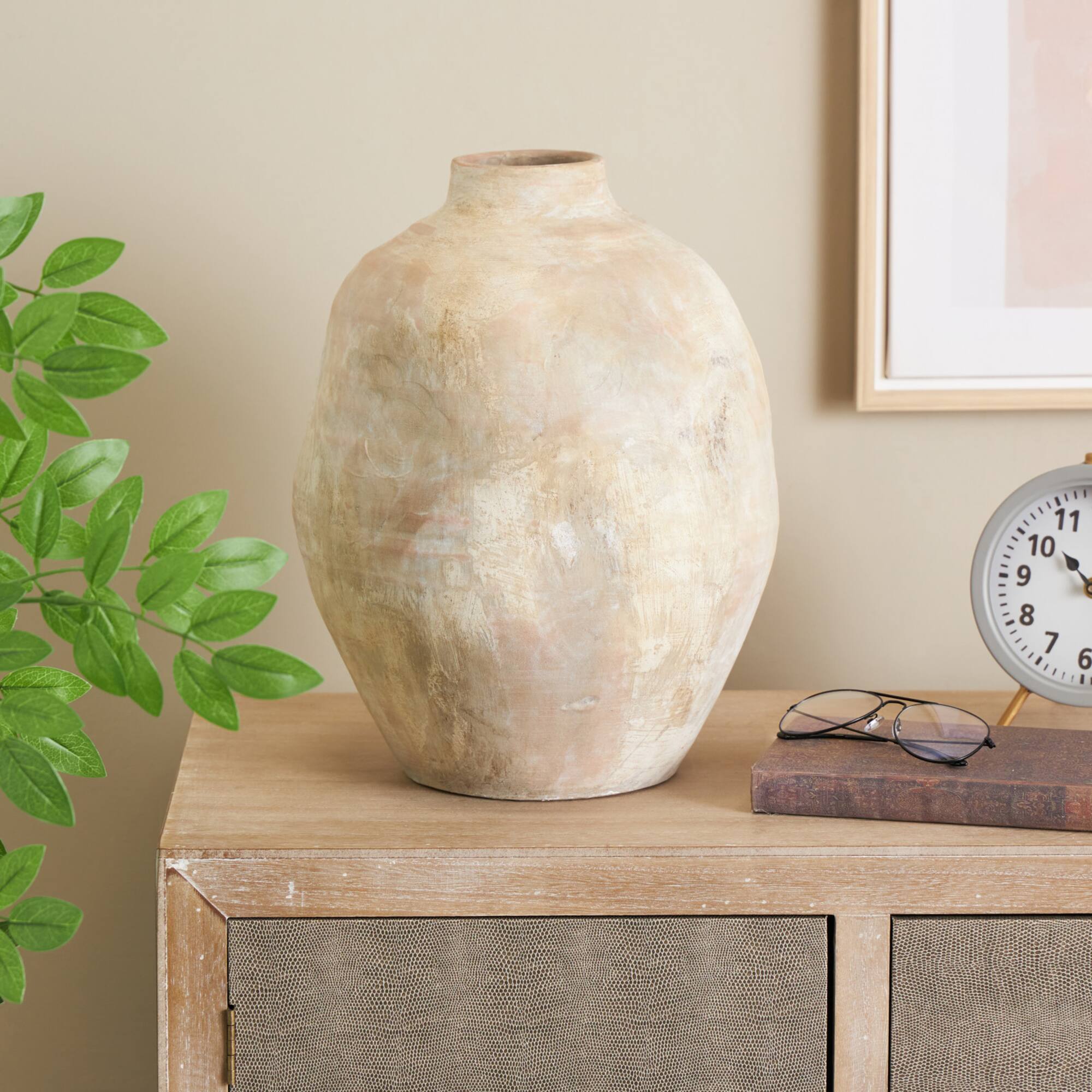 14.5" Beige & Shades of Pink Antique Wide Ceramic Vase